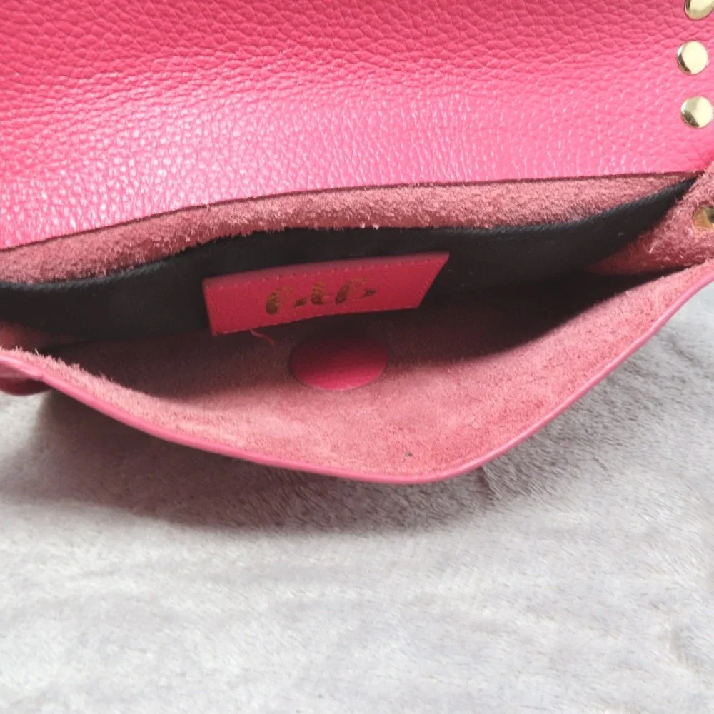 BTB Los Angeles Hot Pink Rocker Biker Styling Leather Gold Studded Crossbody Bag